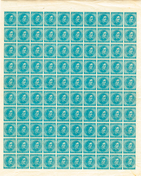 Jefferson Davis Confederate - Uncut Sheet of 100 Stamps