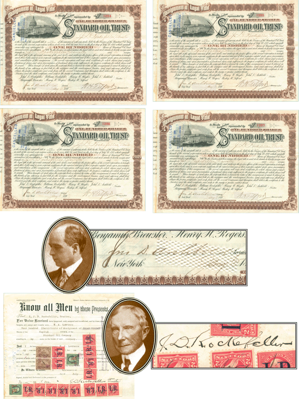 John D. Rockefeller - Four Standard Oil Trust Certificates with signed Transfer Document