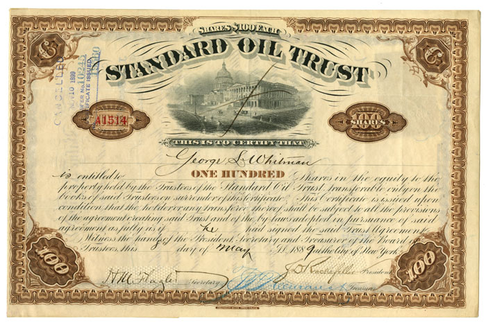 Standard Oil signed by Rockefeller and Flager; Transferred to Rockefeller - Stock Certificate
