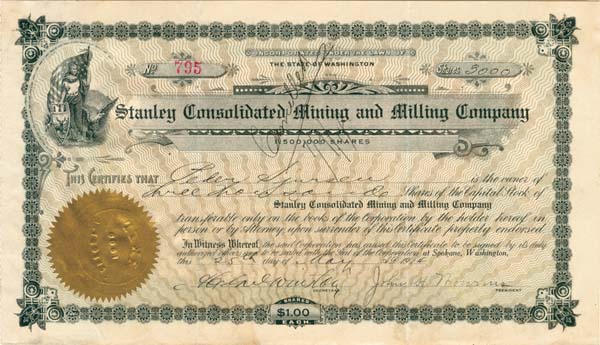 Stanley Consolidated Mining and Milling Co. - Stock Certificate
