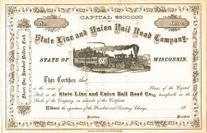 State Line and Union Railroad Co.- Unissued Stock Certificate