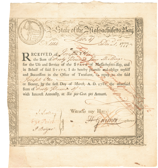 State of the Massachusetts Bay Bond - 1777