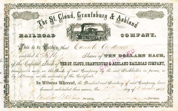 St. Cloud, Grantsburg and Ashland Railroad Co. - Stock Certificate