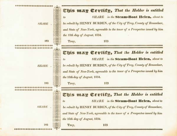 Steam-Boat Helen - Stock Certificate