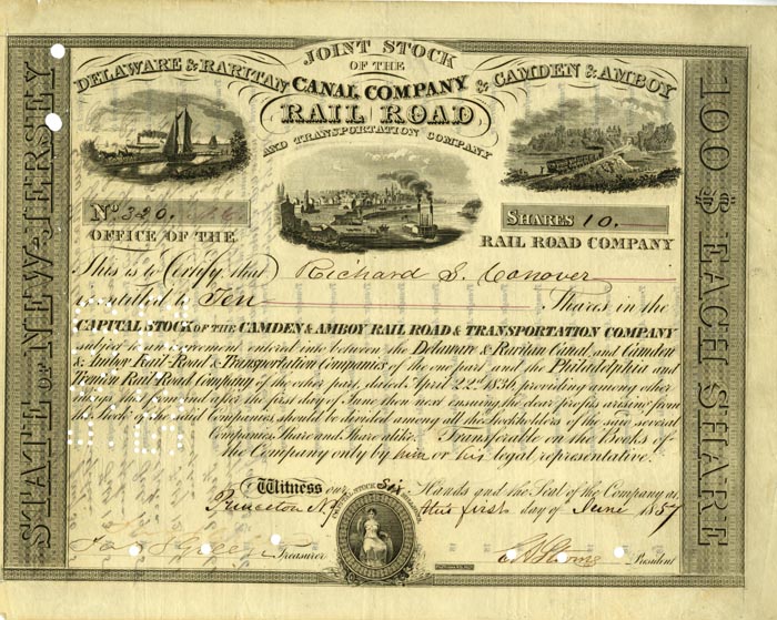 Joint Stock of Delaware and Raritan Canal Co. and Camden and Amboy Railroad - signed by Edwin Augustus Stevens