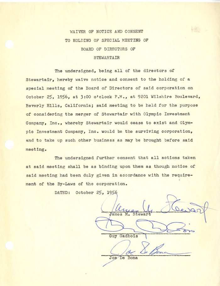 Stewartair Co.- Jimmy Stewart Signed document