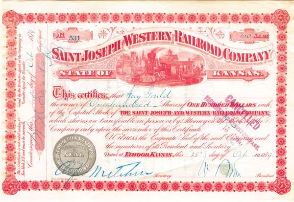 Jay Gould - Saint Joseph and Western Railroad Co. - Signed Stock Certificate