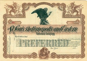 St. Louis, Indianapolis and Eastern Railroad - Circa 1890's Unissued Railway Stock Certificate - Gorgeous Eagle and Dog Vignette