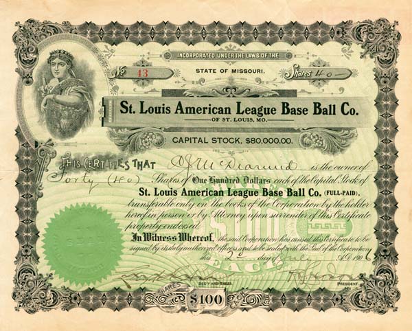 St. Louis American League Base Ball Co. - Stock Certificate