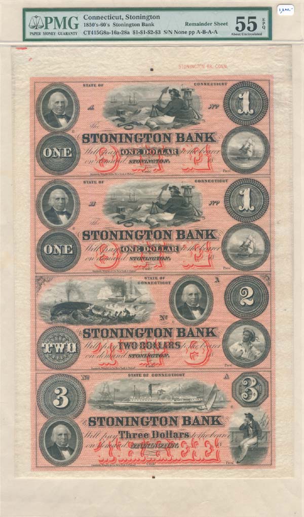 Stonington Bank - Uncut Obsolete Sheet - Broken Bank Notes - PMG Graded