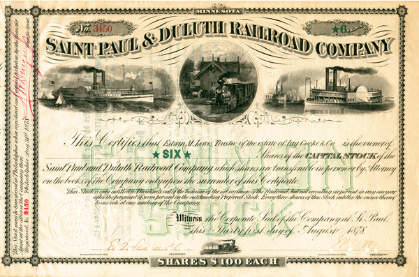 Saint Paul and Duluth Railroad Co. - Stock Certificate
