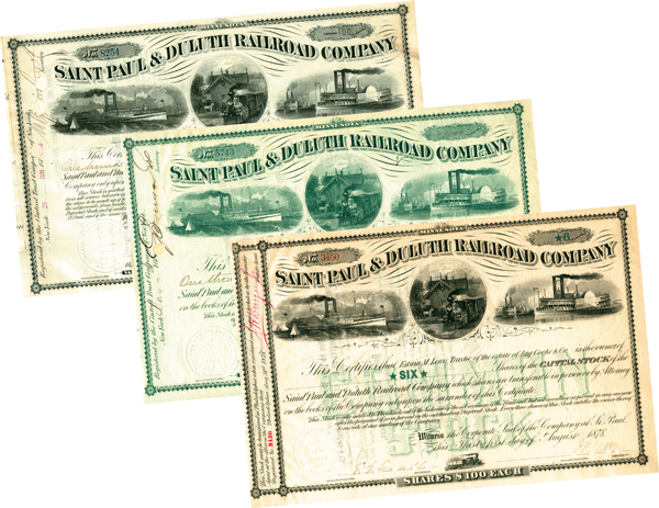 Saint Paul & Duluth Railroad Company - Set of 3 Stock Certificates