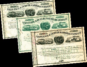 Saint Paul and Duluth Railroad Co. - Set of 3 Stock Certificates