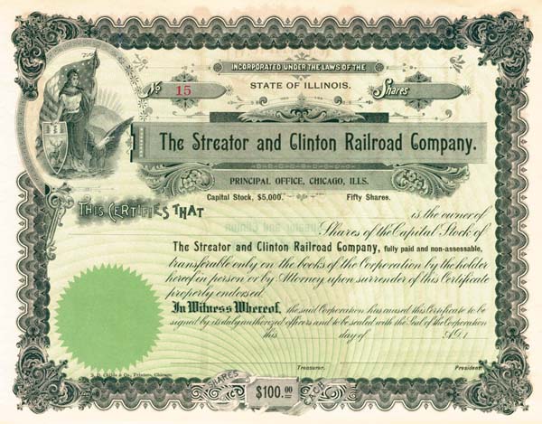 Streator and Clinton Railroad - Stock Certificate