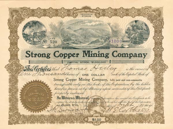 Strong Copper Mining Co. - 1903-04 dated Wyoming Mining Stock Certificate