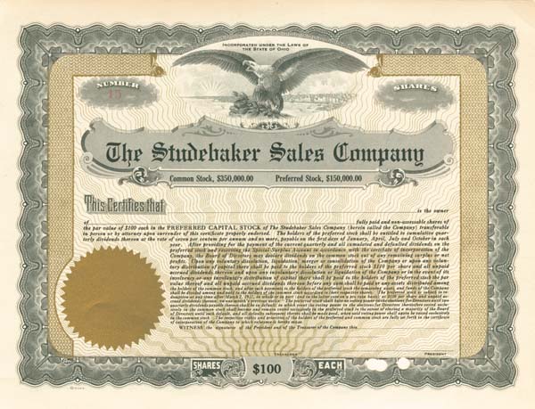 Studebaker Sales Co. - Stock Certificate