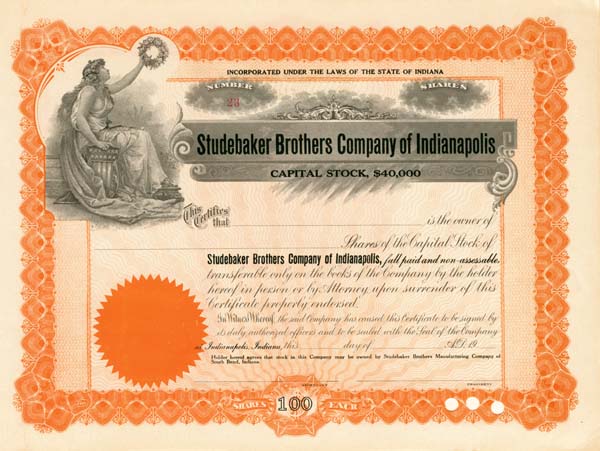 Studebaker Brothers Co. of Indianapolis - Stock Certificate