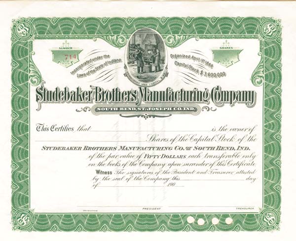 Studebaker Brothers Manufacturing Co. of South Bend, Indiana - Stock Certificate