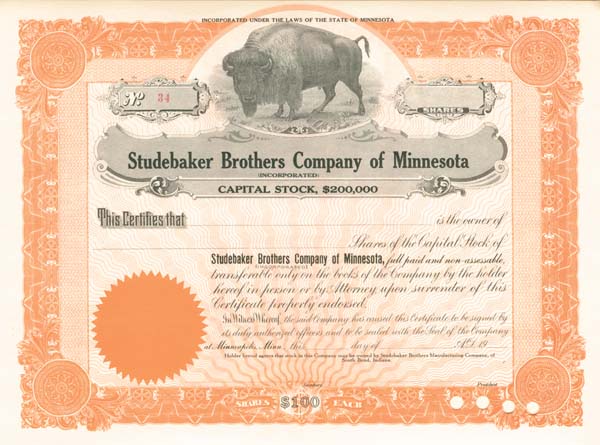 Studebaker Brothers of Minnesota - Stock Certificate