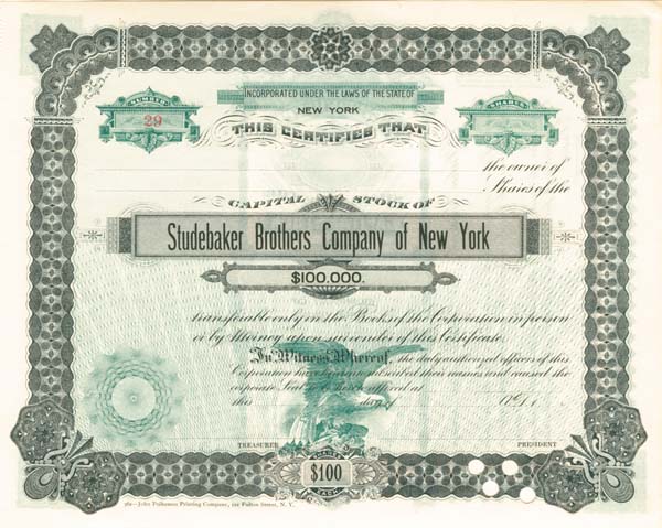 Studebaker Brothers Co. of New York - Stock Certificate
