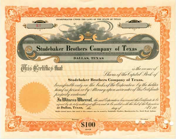 Studebaker Brothers Co. of Texas - Stock Certificate