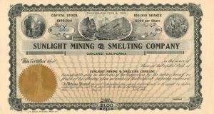Sunlight Mining and Smelting Co. - Oakland, California Unissued Mining Stock Certificate