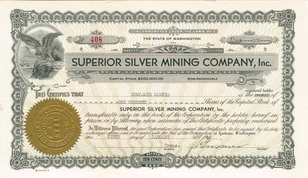 Superior Silver Mining Co. - Stock Certificate