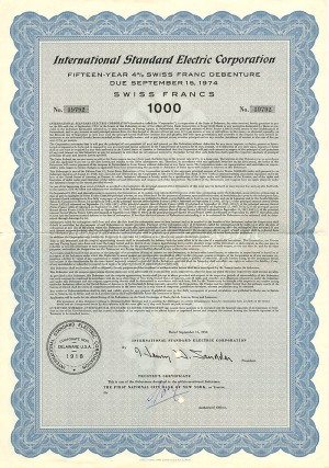International Standard Electric Corporation - 1,000 Francs