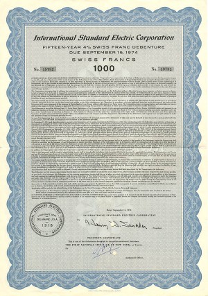 International Standard Electric Corporation - 1,000 Francs