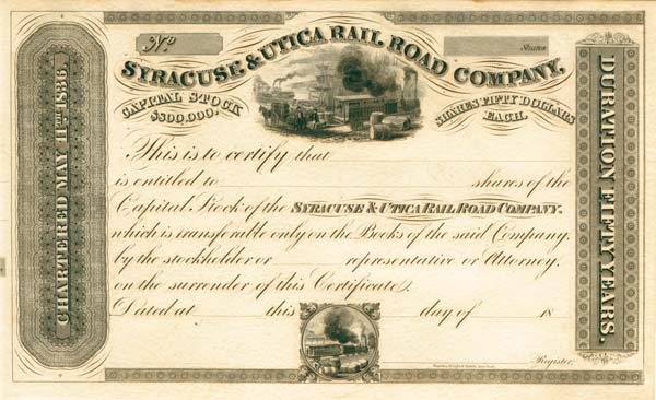 Syracuse and Utica Railroad - Unissued Stock Certificate