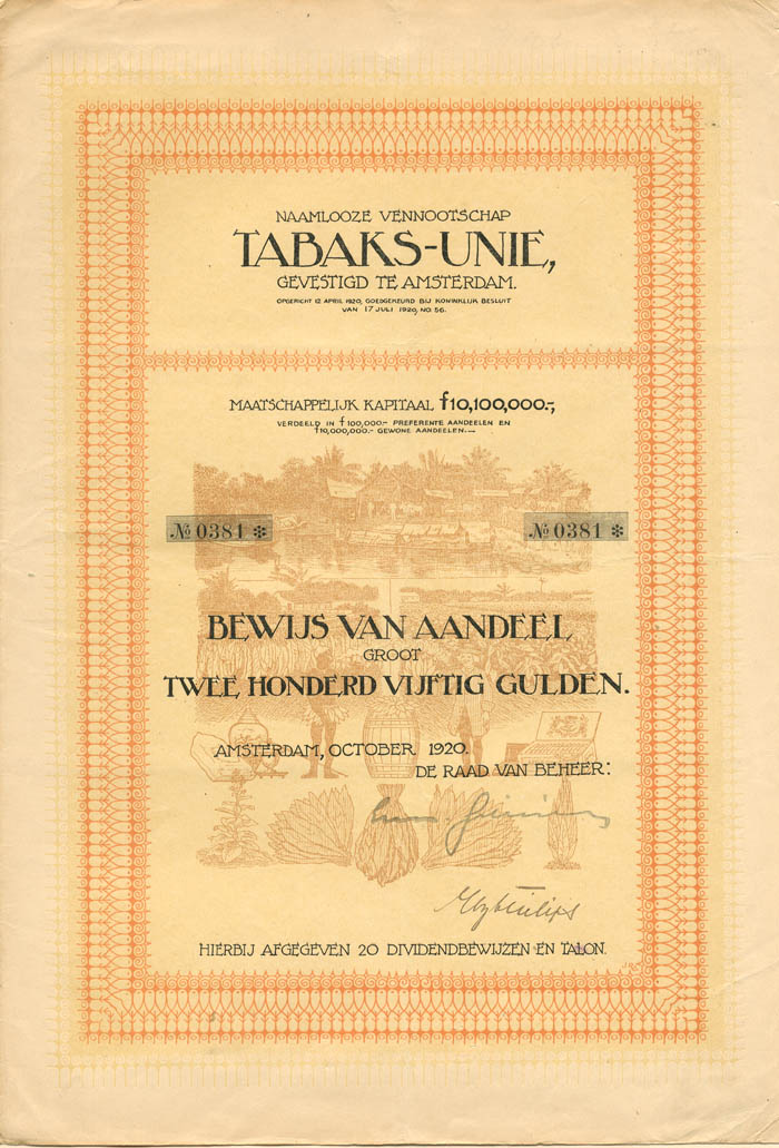 Naamlooze Vennootschap Tabaks-Unie, Gevestigd Te Amsterdam - Stock Certificate