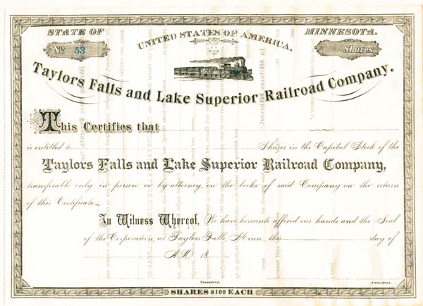 Taylors Falls and Lake Superior Railroad Co. - Stock Certificate
