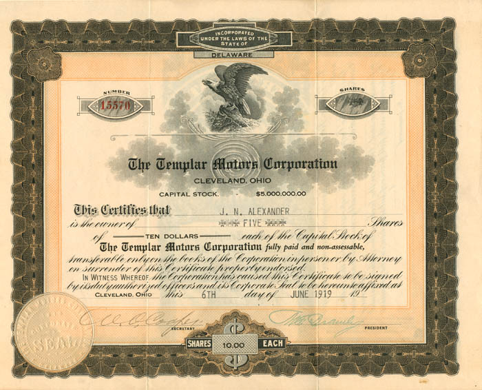 Templar Motors Corporation - Stock Certificate