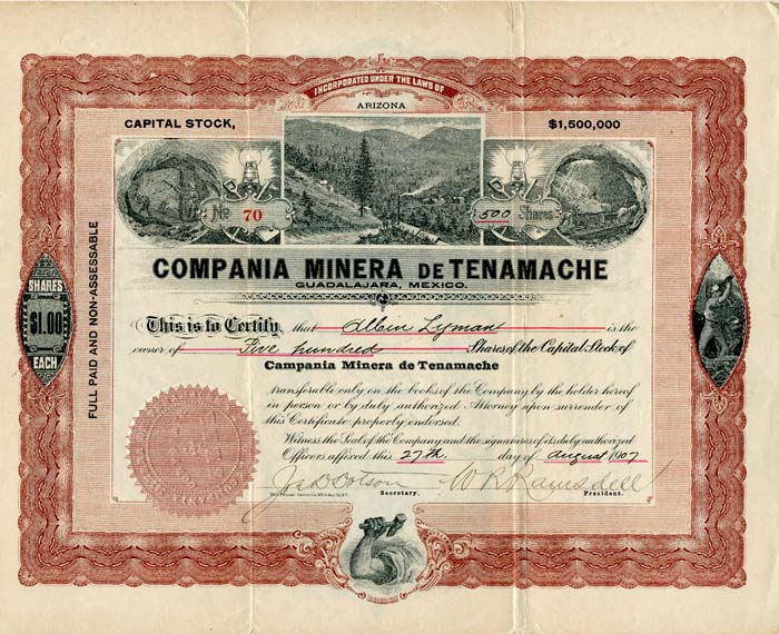 Compania Minera De Tenamache - Stock Certificate