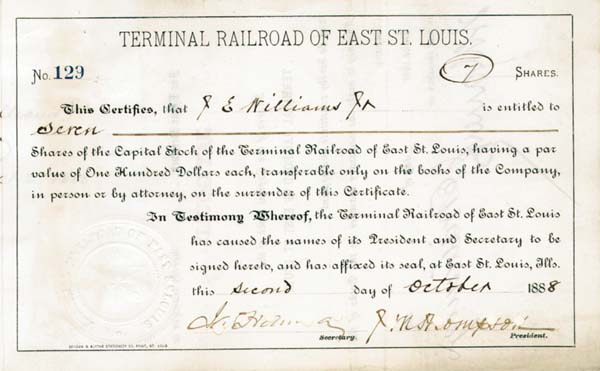 Terminal Railroad of East St. Louis - Transferred to Jay Gould - Stock Certificate