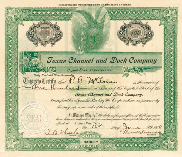 Texas Channel and Dock Co. - Stock Certificate