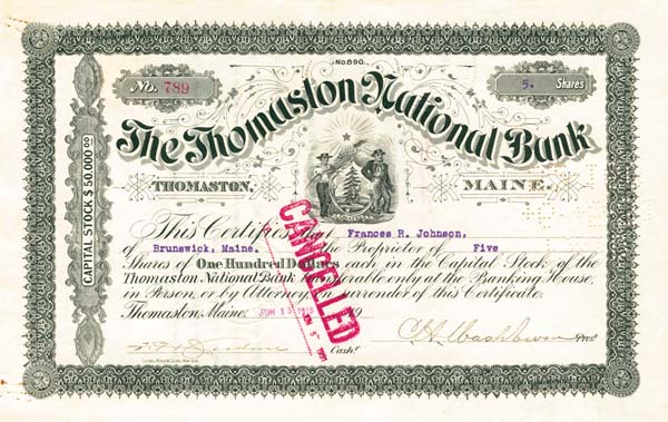 Thomaston National Bank - Stock Certificate