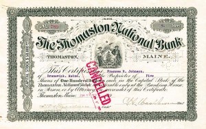 Thomaston National Bank - Stock Certificate