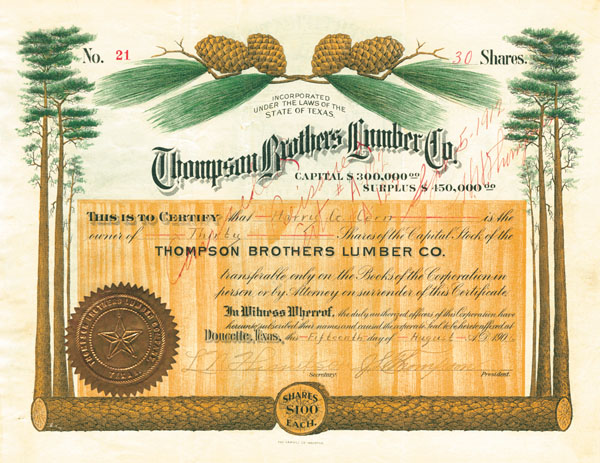 Thompson Brothers Lumber Co. - Stock Certificate