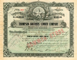 Thompson Brothers Lumber Co. - Stock Certificate