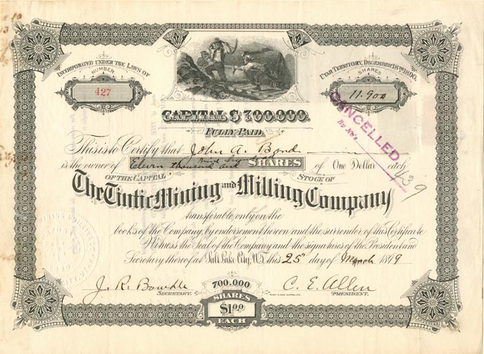 Tintic Mining and Milling Co. - Utah Mining Stock Certificate