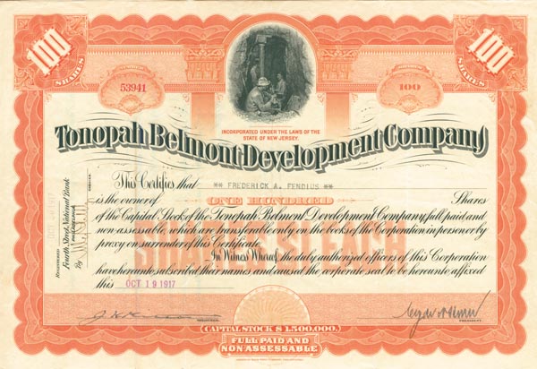 Tonopah Belmont Development Co. - Stock Certificate