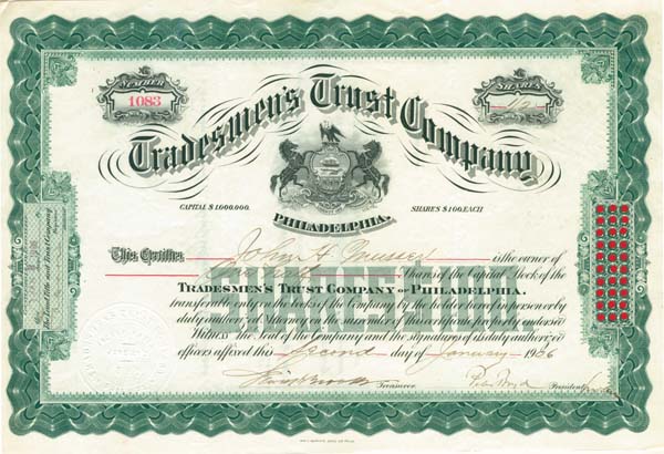Tradesmen's Trust Co. - Stock Certificate