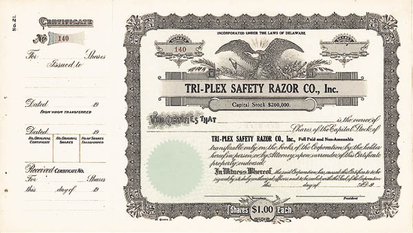 Tri-Plex Safety Razor Co., Inc. - Stock Certificate