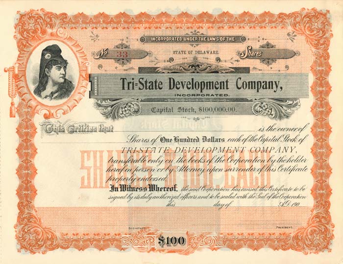 Tri=State Development Co., Inc. - Stock Certificate - Branch Company of the Atchison Topeka Santa Fe Railway