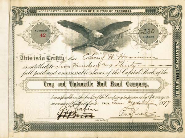 E. H. Harriman - Troy and Tiptonville Railroad - Stock Certificate