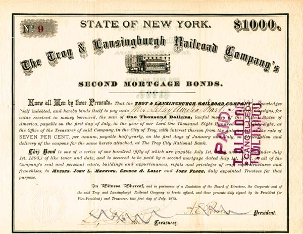 Troy and Lansingburgh Railroad - Bond