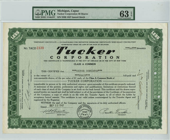 Tucker Corporation - Automotive Stock Certificate