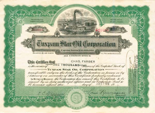 Tuxpam Star Oil Corporation - Stock Certificate