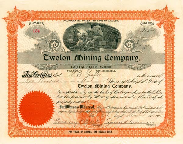 Twolon Mining Co. - Stock Certificate